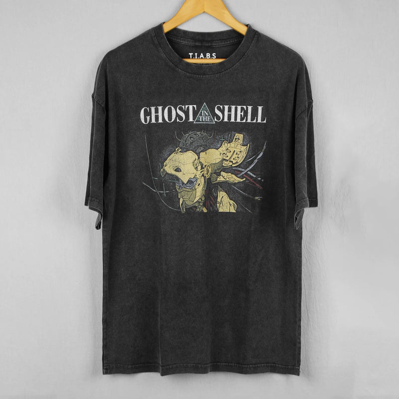 Ghost in the Shell T-Shirt Japanese Anime Masamune Shirow Akira Washed Loose Drop Shoulder Retro Men Summer Cotton Tee