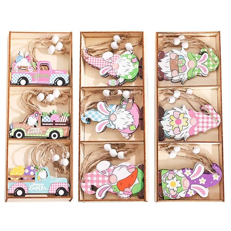 12/9pcs Happy Easter Wooden Pendant Cute Bunny Egg Carrot Chick Hanging Ornaments Spring Easter Party Home Decoration DIY Wreath