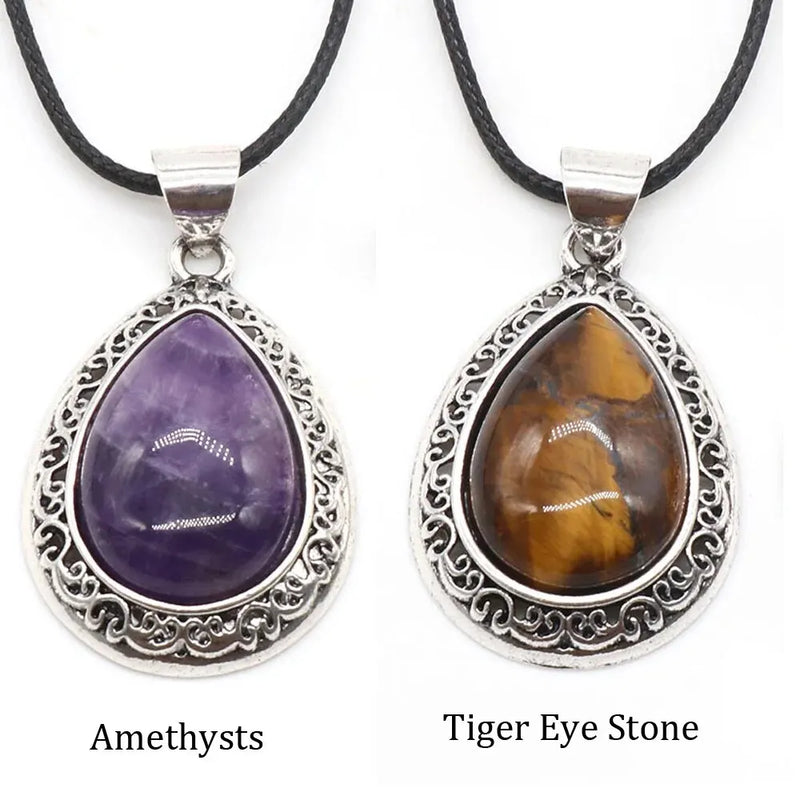 2pcs/Set 39x27mm Natural Stone Crystal Water Drops Pendant Alloy Electroplate Tiger Eye Amethyst Quartz Abalone Bebey Necklace