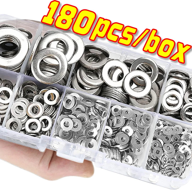 304 Stainless Steel Washers 180pcs/box Metal O Ring M2 M2.5 M3 M4 M5 M6 M8 M10 Gasket Set Assortment Kits Flat Washer Grommets