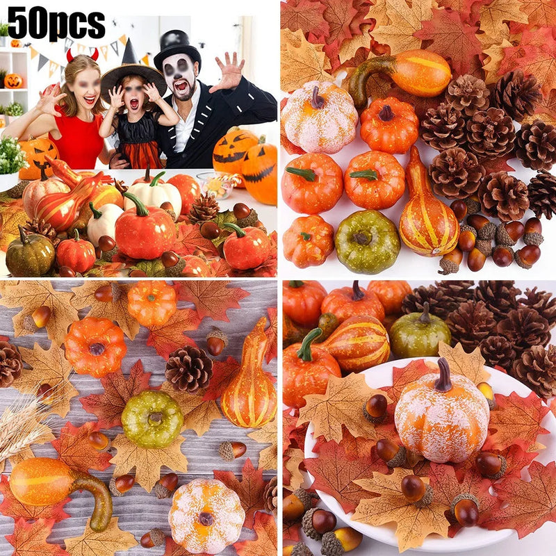 50Pcs Halloween Artificial Pumpkin Autumn Fall Wreath Maple Leaves Pine Cones Set For Christmas Thanksgiving Decor Fall Pumpkin