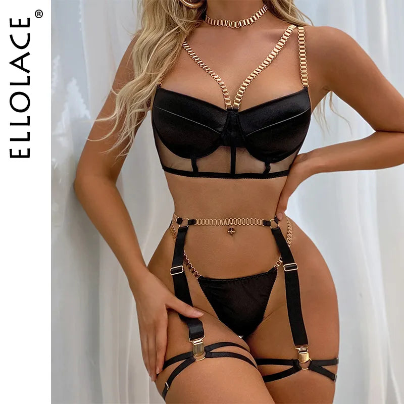 Ellolace Lingerie With Chain Strap Sexy Porn Underwear Women Body 6-Piece Sensual Erotic Sets Fine Intimate Garter Sexy Outfit