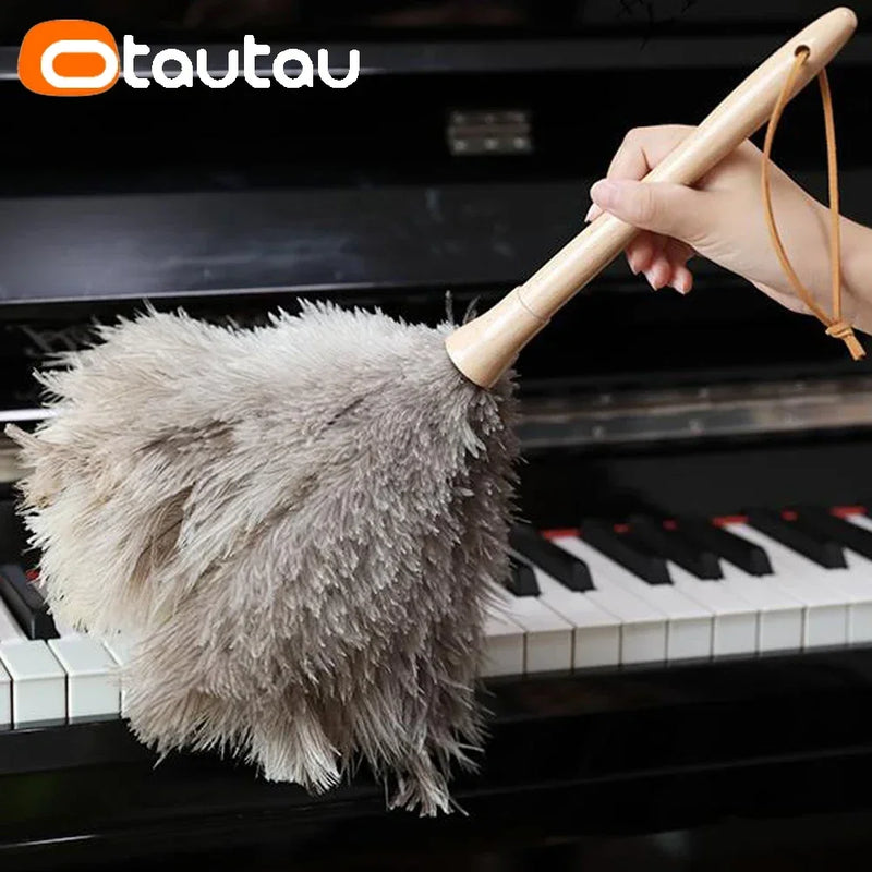 OTAUTAU 100% Real Ostrich Feather Duster Wood Handle Household Car Dust Brush Cleaner House Cleaning Tools DZ004