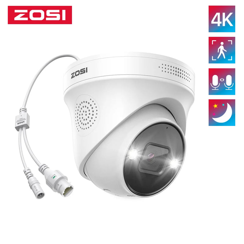 ZOSI 4K PoE IP Camera H.265+ 8MP 5MP HDR Add-on Camera AI Human Detect 100ft Night Vision IP66 Outdoor Video Surveillance Camera