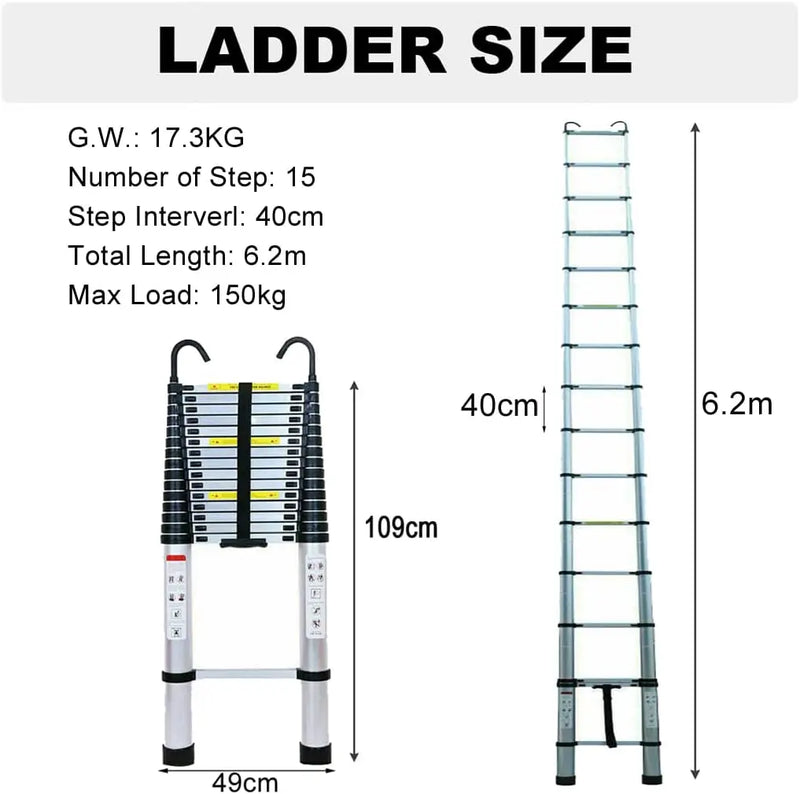 DayPlus Telescopic Ladder 6.2M/20.3FT W/Detachable Hooks&Extendable Steps,Folding Tall Loft CollapsibleLadder with Non-Slip Feet