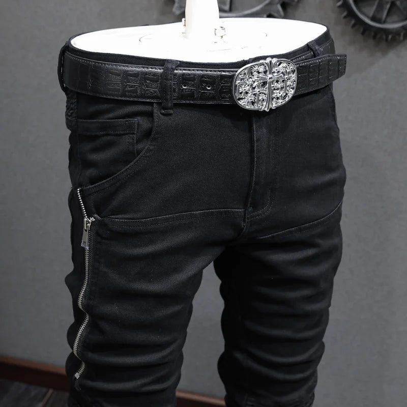High Street Fashion Men Jeans Black Elastic Stretch Skinny Fit Ripped Jeans Men Zipper Designer Hip Hop Denim Punk Pants Hombre