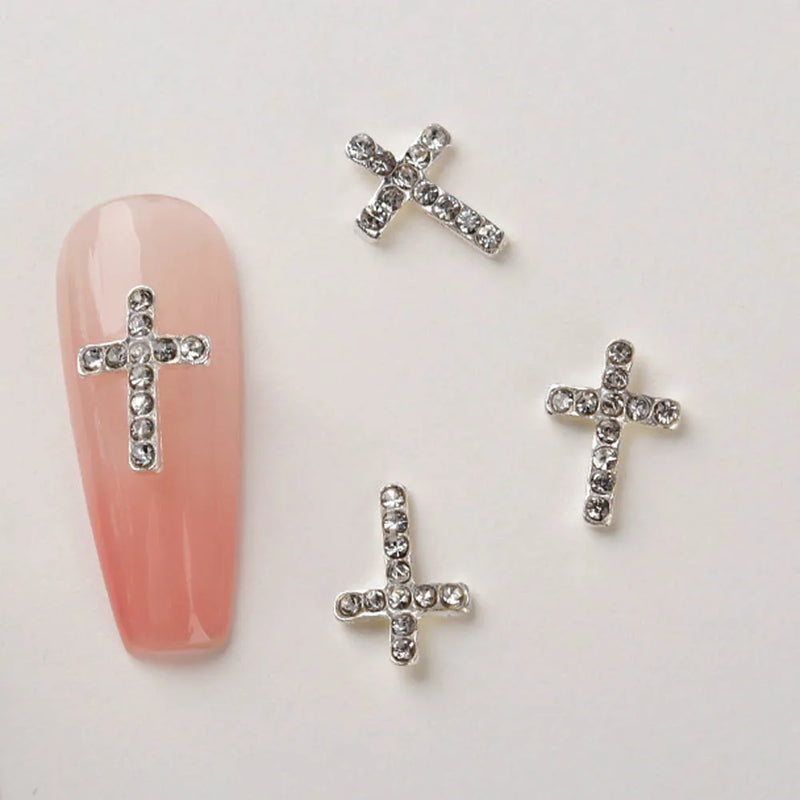 10Pcs/lot 3D Cross Alloy Nail Art Charms Silver/Black/Pink Rhinestone Christmas Halloween Diamond Jewelry Retro Punk Nail Parts