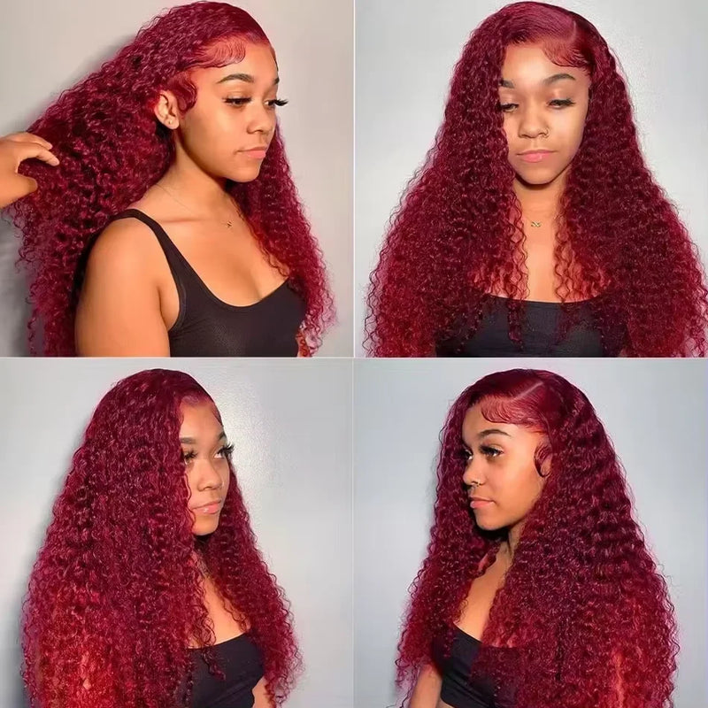 Deep Wave 99J Burgundy 13x4 13x6 HD Lace Frontal Wig Human Hair Transparent Lace Wigs Brazilian Red Colored