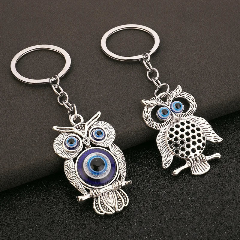 2024 Cross border Hot Selling Environmental Friendly Alloy Blue Eyed Owl Demon Eye Retro Accessories Pendant Keychain