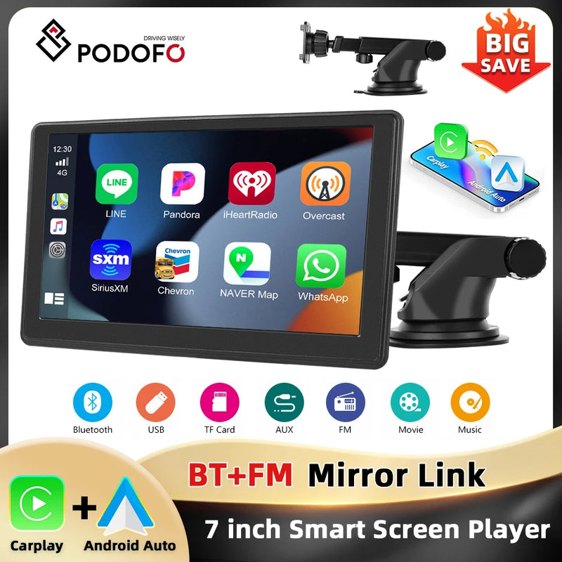 Podofo 7 ''Smart Screen Player Dashboard Carplay Android Car Bluetooth EQ Car DVR Mirror Link FM Transmission GPS Navigation