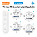 QCSMART Wireless RF 433Mhz 110-220V 16A Light Swich Relay Module Small Device with 4 Button Remote Controller