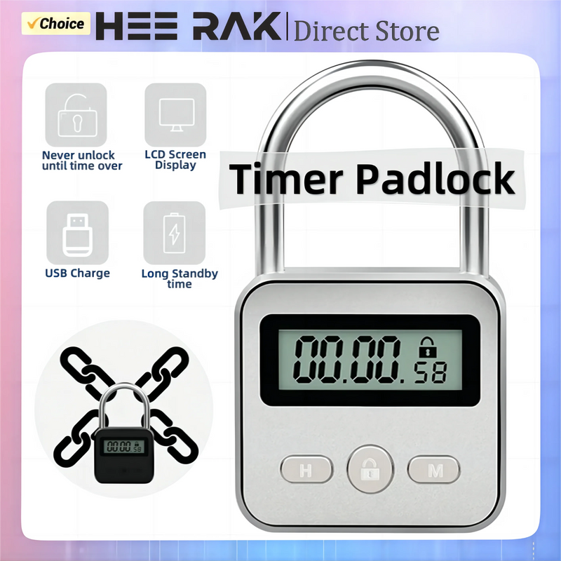 HEE RAK Timer Padlock LCD HD Add Backlight Zinc Alloy 99 Hours Max Timing Super Long Standby Anti-addiction Electronic Lock