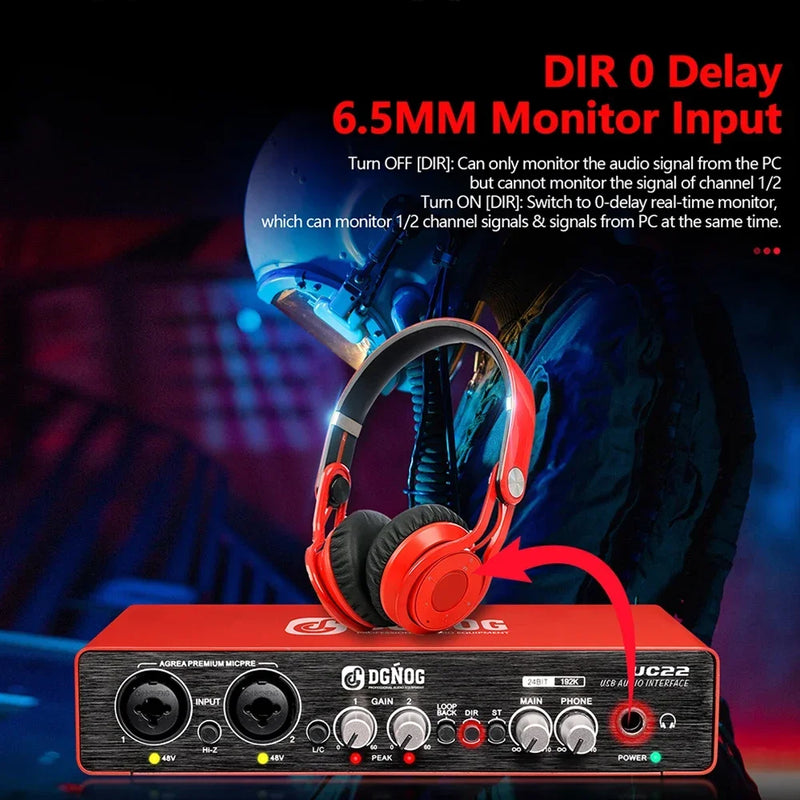 UC22 Audio Interface Sound Card with USB 3.0 Monitor Guitar Recording Computer Professional Sound Card for Studio Podcast PC