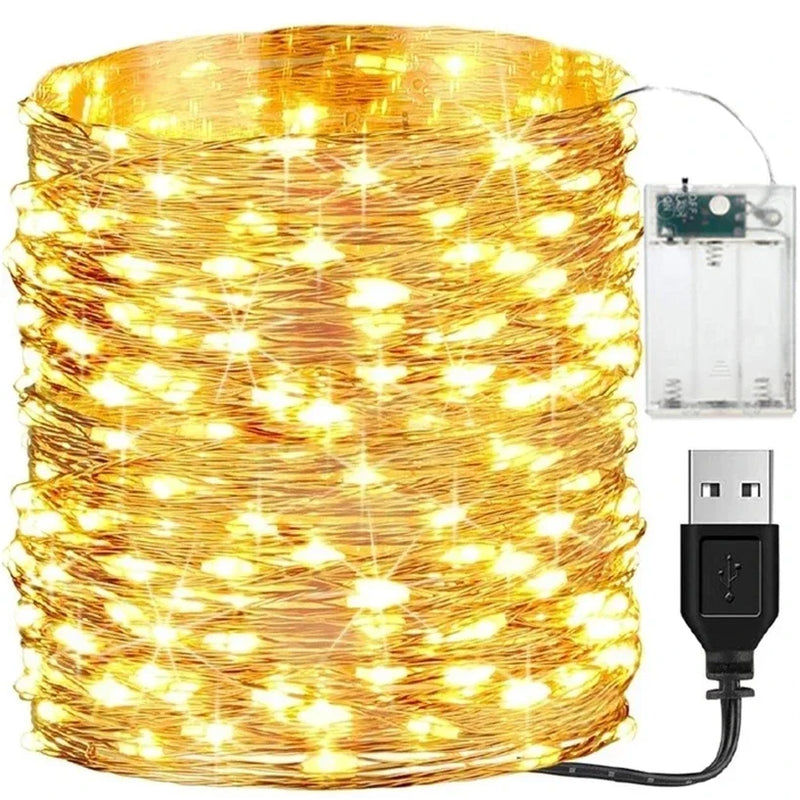 5M 10M Waterproof USB Battery LED Lights String Copper Wire Fairy Garland Light Lamp Christmas Wedding Party Holiday Lighting