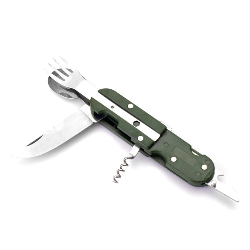 Camping Folding Picnic Cutlery Knife Portable Stainless Steel Army Green Fork Spoon Bottle Opener Flatware Tableware Travel Kit