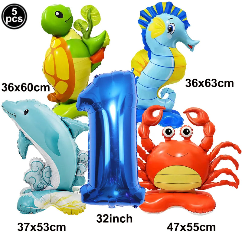 5pcs Cute Sea Animal Balloons Include Crab Seahorse Dolphin Turtle Shape Balloon Under The Sea Party Decors for 1st Birthday