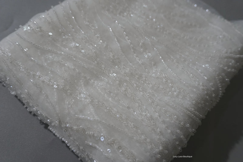 SOFT White Tulle Mesh Silvery Sequins Beaded Lace Fabric Party Dress Sewing Accessory Wedding Dress Material 130CM Wide HOT