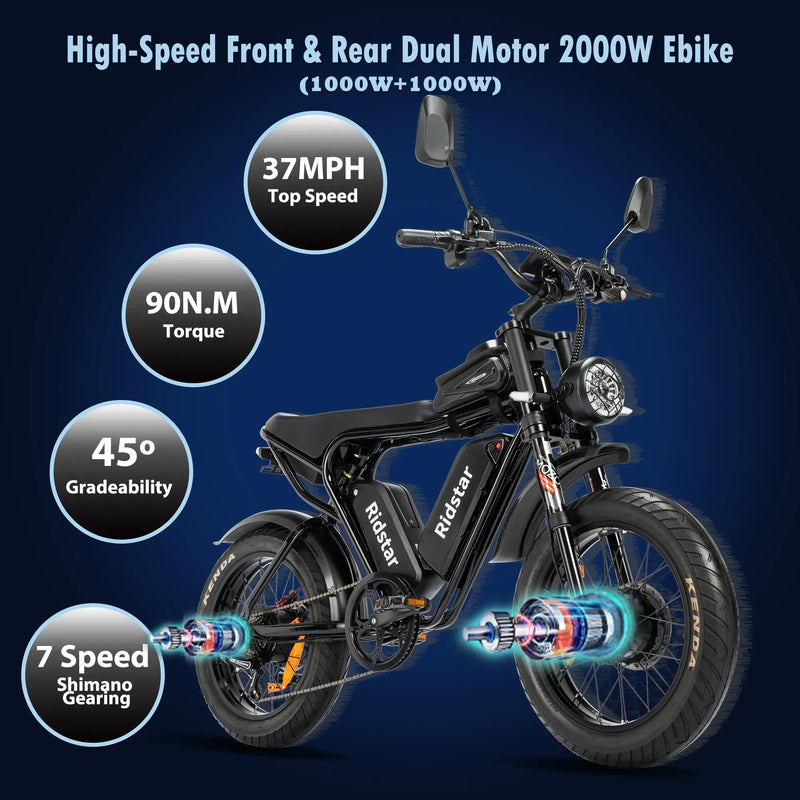 EU Q20/Q20pro adult electric bicycle 2000W 48V 40AH waterproof powerful dual motor 20*4.0 inch fat tire mountain electric bicycl