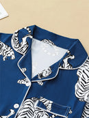 Tiger print pajama set button-down cardigan lapel short elastic waistband shorts women's loungewear