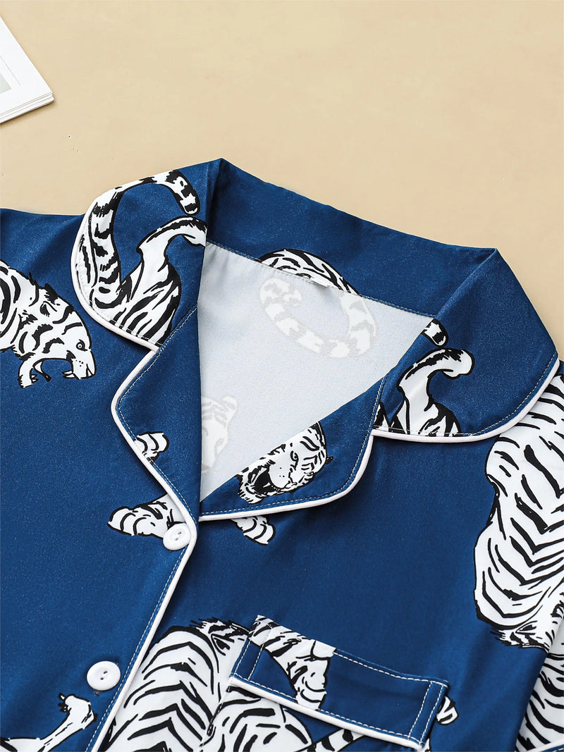 Tiger print pajama set button-down cardigan lapel short elastic waistband shorts women's loungewear