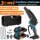 Jemi Tool 6 inch portable cordless rechargeable electric chain saw with two batteries, wood cutter, garden orchard pruning tool