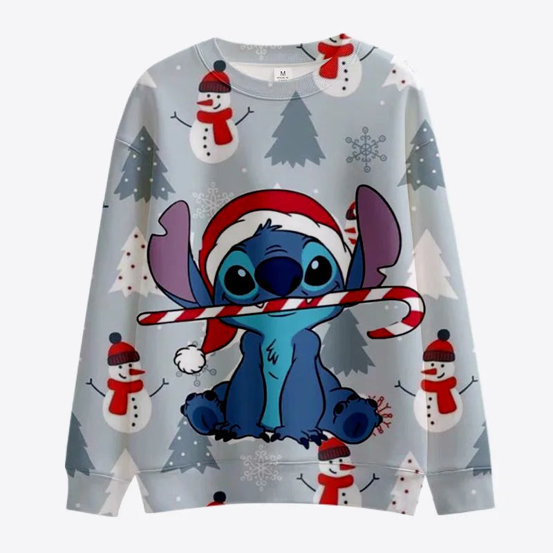 New Merry Christmas Disney Stitch and Mickey Minnie Fall Harajuku Crew Neck Casual Women's Long Sleeve Sweatshirt Ladies Top Y2K