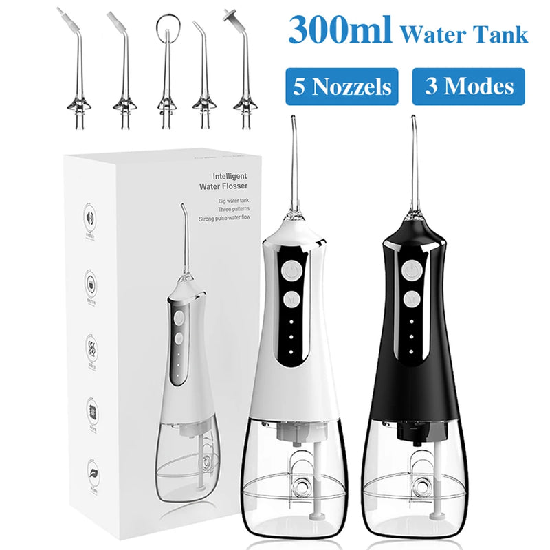 Portable Dental Water Jet Water Flosser High Pressure Irrigator Dental Floss Mouth Tooth Cleaner 1600-800 times/min 5 Nozzles