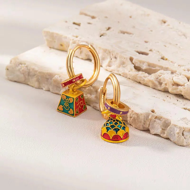 Ethnic Chinese Colorful Enamel Earrings for Women Retro Design Gold Plated Flower Shaped Multiple Wear Ways Luxury Jewelry Gifts
