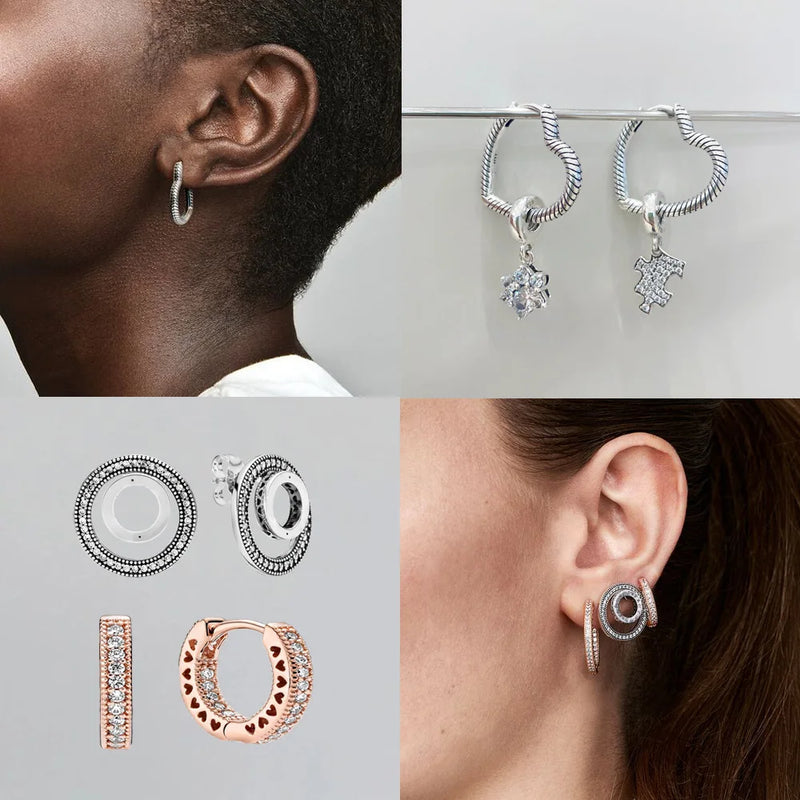 New 925 Sterling Silver Asymmetrical Heart Hoop Stud Earrings Original Sparkling SnowflakStud Earrings DIY Women Fashion Gift