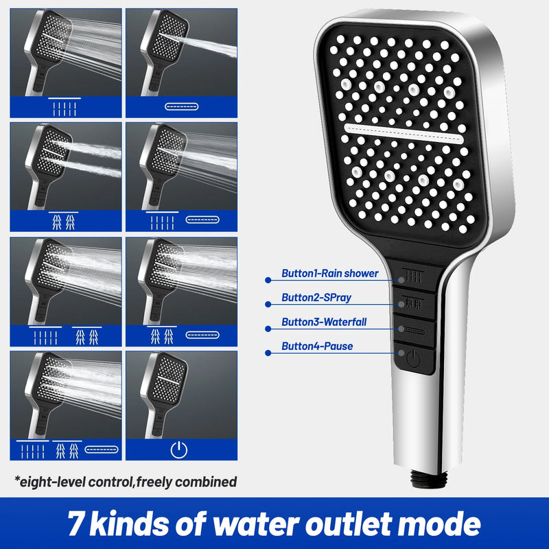 New Black Shower Head 2023 Rainfall High Pressure Water Saving 7 Modes Adjustable One Key Stop Button for Bathroom Accessary