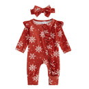 Toddler Christmas Romper Set with Matching Headband Festive Snowman and Snowflake Print Zip Up Jumpsuit for Baby Girl