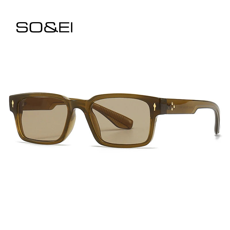 SO&EI Vintage Rivets Men Punk Square Sunglasses Brand Designer Gradient Shades UV400 Fashion Women Luxury Dark Green Sun Glasses