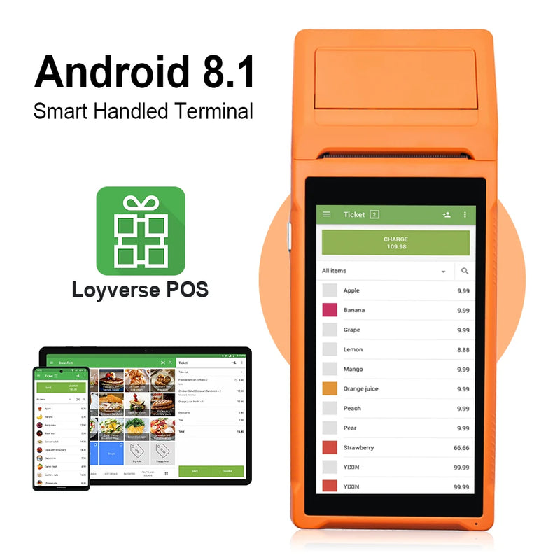 Handheld PDA Android 8.1 Terminal POS 58mm Mobile Receipt Bill Thermal Printer 5.5''HD+ Support WiFi 1D/2D Scanning POS System