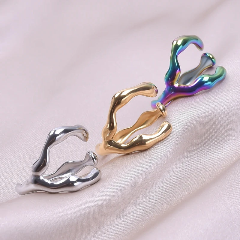 Irregular Liquid Branch 304 Stainless Steel Rings For Women Men's Accessories Fashion Jewelry Finger Adjustable Ring Bague Party