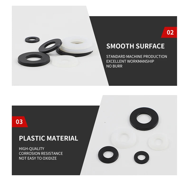 NINDEJIN Black White Nylon Washers M2 M2.5 M3 M4 M5 M6 M8 M10 M12 M16 Plastic Plain Washers Flat Washer Gaskets