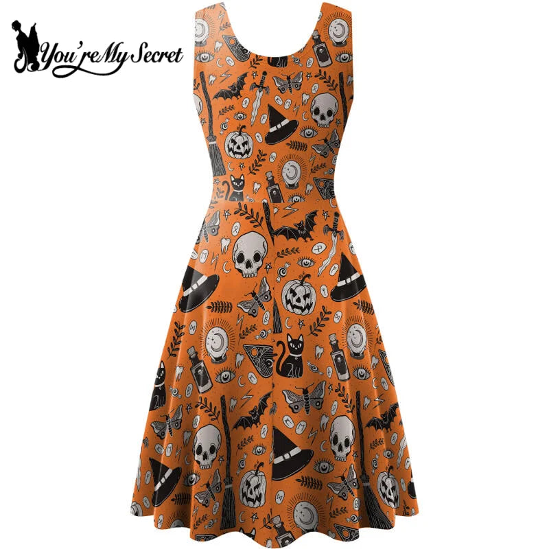 New Women's Skull Pumpkin Print Retro Vintage Sexy Tank Dress Halloween Christmas Party Prom Dress Elegant Cosplay Costumes