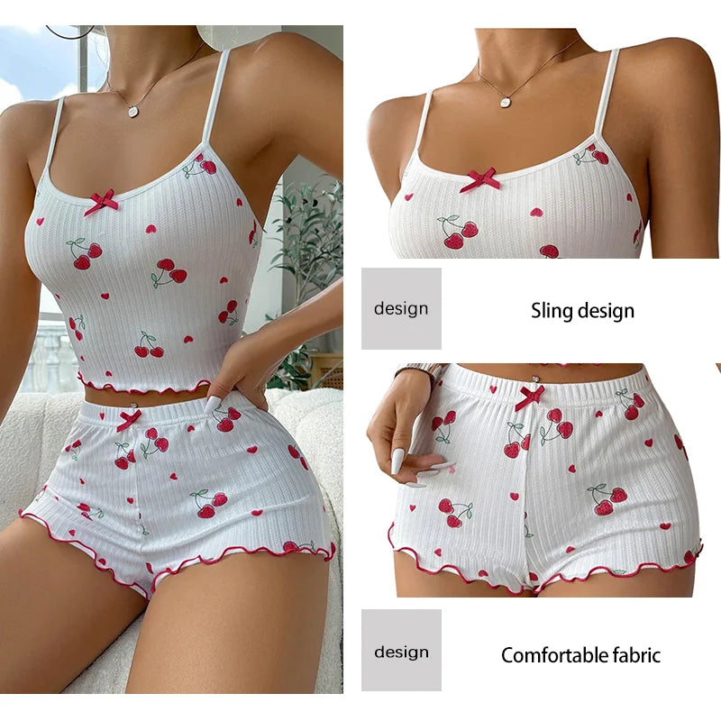 2-Piece Pajama Set for Women Cherry Print Bow Front Cami Top and Short Pajama Set Cute Soft Sleepwear