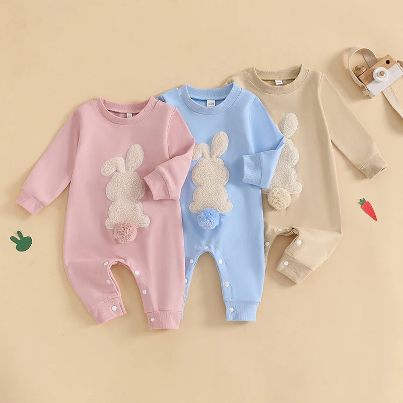 Lioraitiin Baby Girls Boys Easter Rompers Plush Bunny Embroidery Fur Ball Design Crew Neck Long Sleeve Spring Infant Jumpsuit