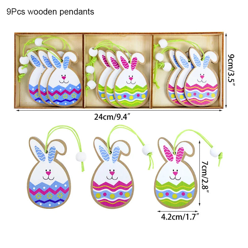 12/9pcs Happy Easter Wooden Pendant Cute Bunny Egg Carrot Chick Hanging Ornaments Spring Easter Party Home Decoration DIY Wreath