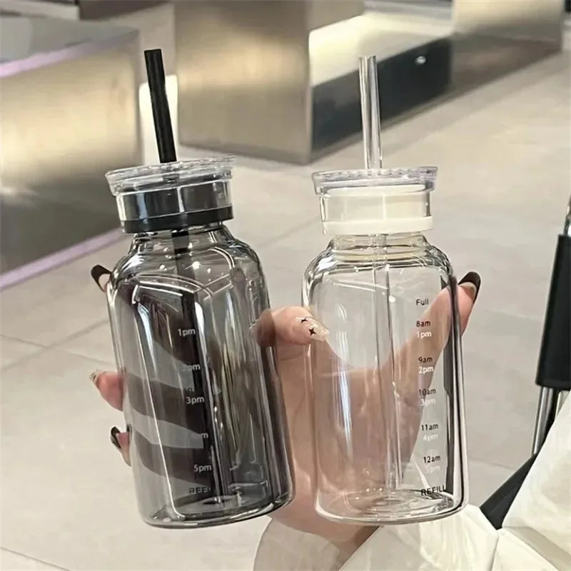 750/350ml Glass Transparent Water Bottles with Lid Straw Time Scale Milk Juice Drink Bottle Travel Coffee Mug Milk Tea Cup