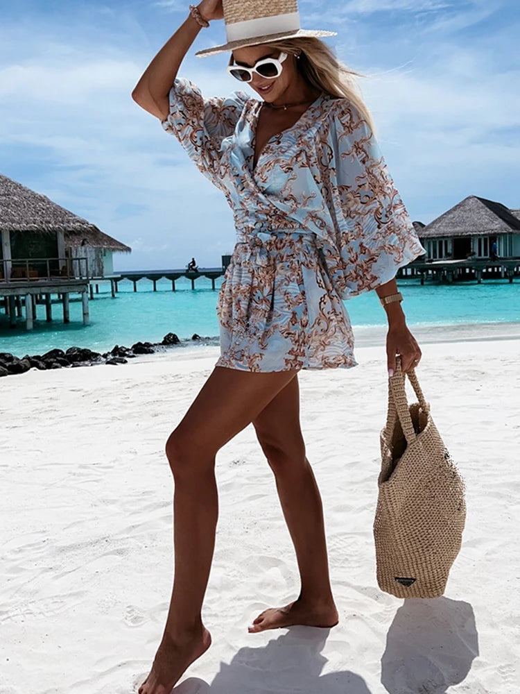 2023 Sexy Deep V Neck Jumpsuit For Women Summer Casual Boho Beach Vacation Outfit Fashion Print Lantern Sleeve Rompers Shorts