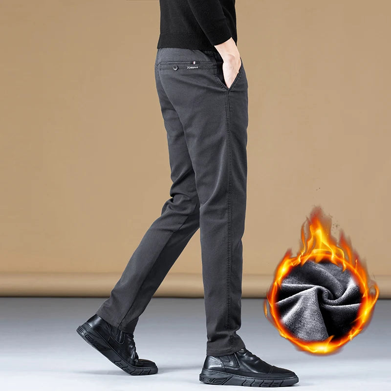 Stretch Fleece Casual Pants Men Korean Thickened Straight Thermal Velvet Pants Male Winter Business Soft Slim Fit Trousers