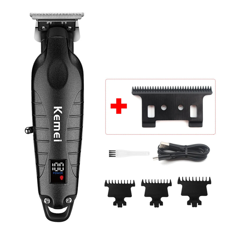 Kemei KM-2293 DLC T-Blade Professional Finishing Machine Zero Gapped Clipper USB LED Display Full Metal Hair Trimmer Machine