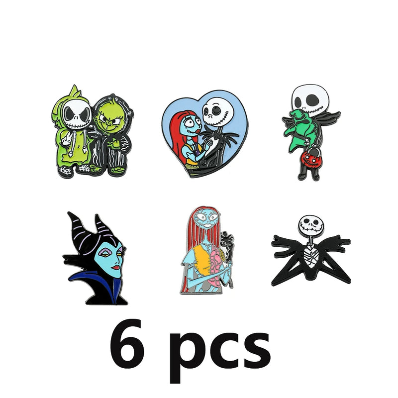 6 Pcs Terror The Nightmare Before Christmas Brooch Cartoon  Jack Skellington Sally Maleficent Enamel Pin Metal Badge Jewelry