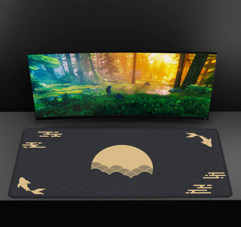 Japanese Desk Mat Black & Red Mouse Pad Koi Fish Sun Cloud Japan Art Seal Sunrise Large XXL Gaming Deskmat Rubber Mousepad 90x40