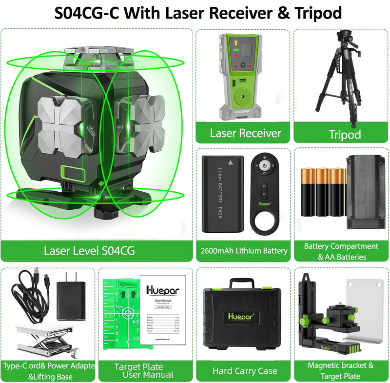 Huepar S04CG-C Set 4D 16 Lines Cross Line Laser Level LCD/Bluetooth/Remote Laser Tools With Detector Tripod Rangefinder Adapter