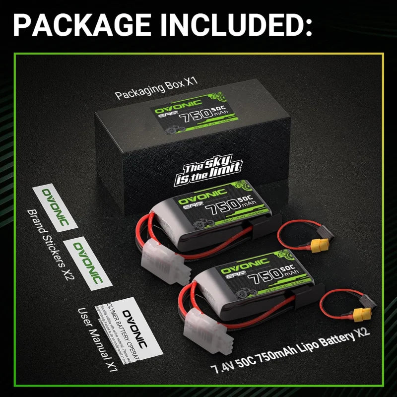 OVONIC 2S Lipo 750mAh 7.4V 50C Lipo Battery with XT60 to TR Connector[2.1" D x 1.1" W x 0.6" H][1 Package Including