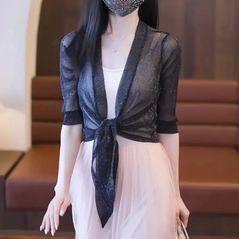 Fashion Short Thin Jacket Half Sleeve See-Through Loose Fit Summer Lace Short Jacket Sunscreen Coat Blusas Mujer  Women Tops