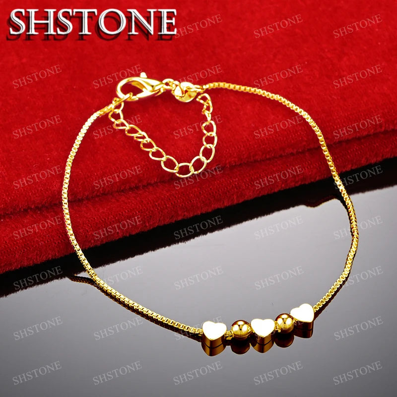 SHSTONE 18K Gold Solid Heart Beads Bracelet For Woman Fashion Charm Jewelry Lady Cute Hand Chain Wedding Bangles Birthday Gifts