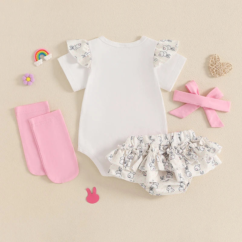 Adorable Baby Easter Outfit with Bunny Print Romper Ruffled Shorts Headband and Long Socks - 4 Piece Set for Your Little Girl